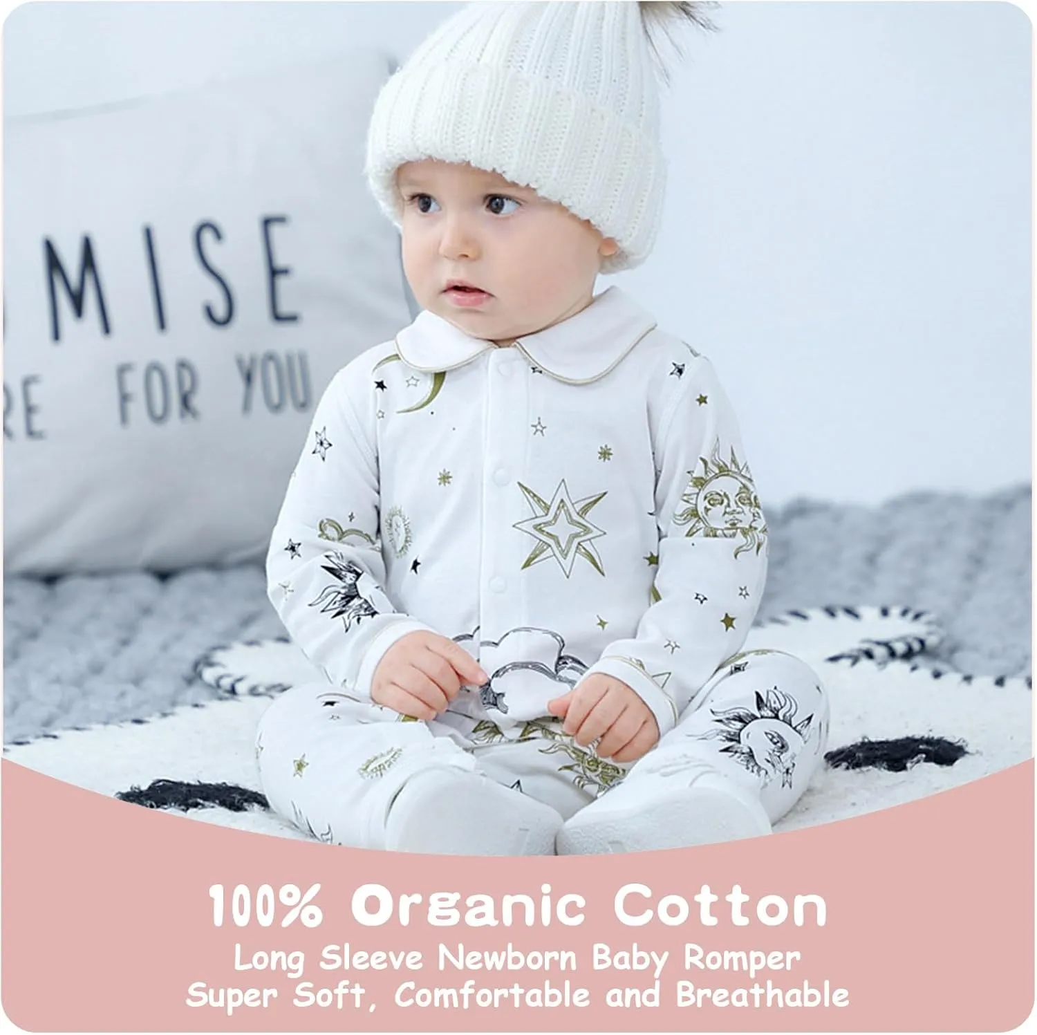 100% Organic Cotton Soft Baby Romper Jumpsuits for Boys and Girls Unisex, Long Sleeve, 0-24 Months
