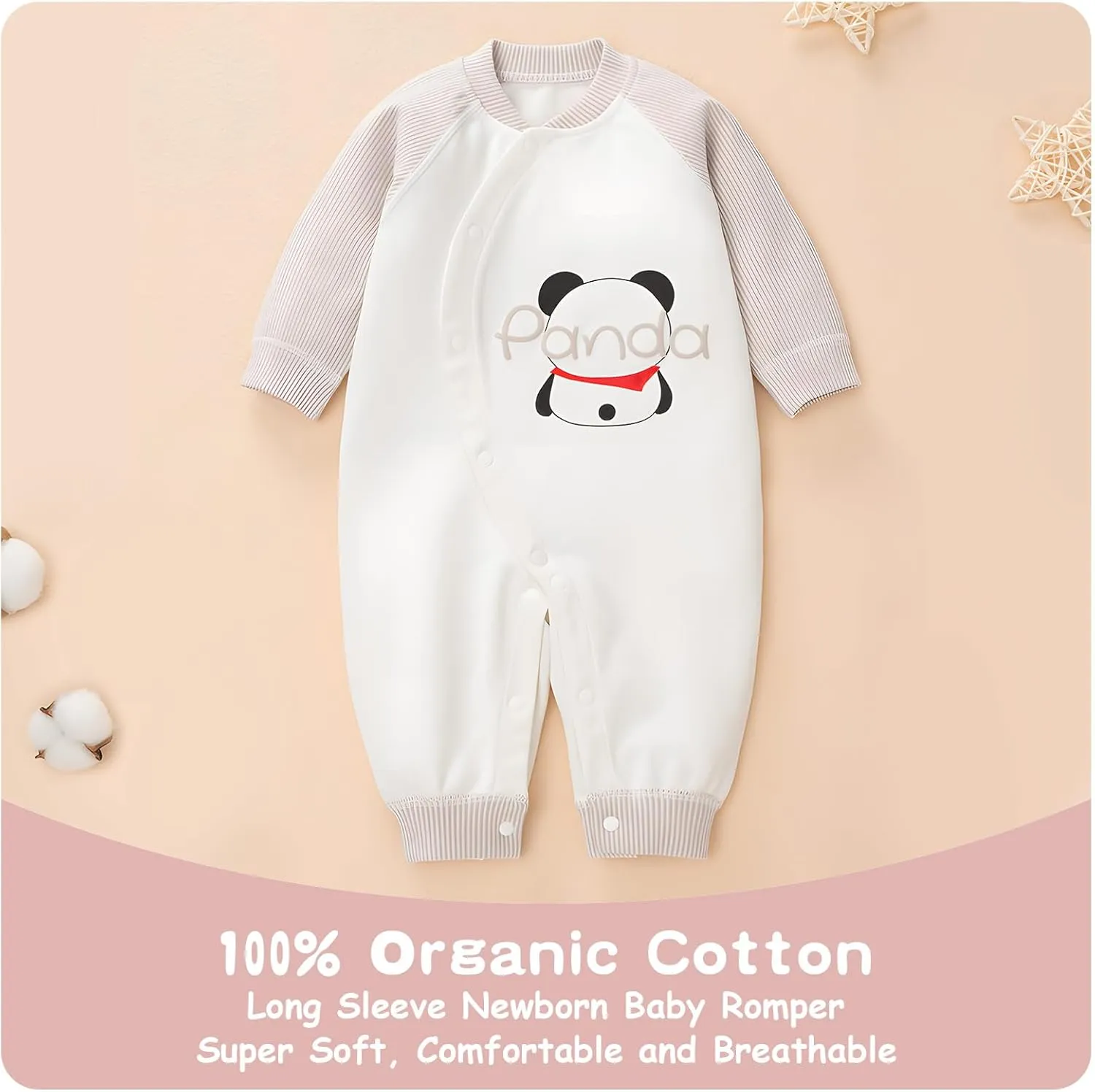 100% Organic Cotton Soft Baby Romper Jumpsuits for Boys and Girls Unisex, Long Sleeve, 0-24 Months