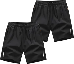 2 Pack Sports Shorts for Men Quick Dry Workout Gym Short Pants Elastic Waist Athletic Running Trousers