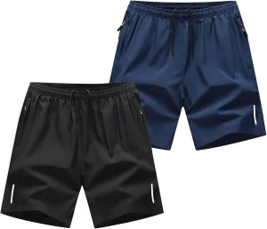2 Pack Sports Shorts for Men Quick Dry Workout Gym Short Pants Elastic Waist Athletic Running Trousers