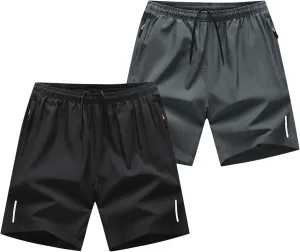 2 Pack Sports Shorts for Men Quick Dry Workout Gym Short Pants Elastic Waist Athletic Running Trousers