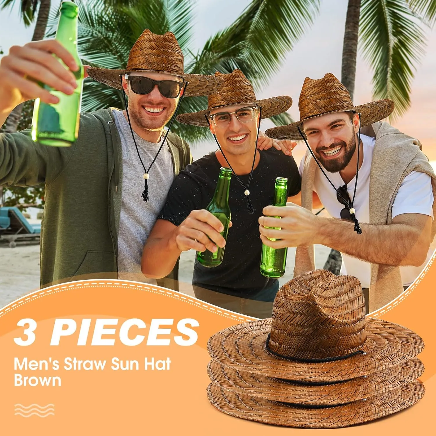 3 Pcs Men's Classic Straw Hat Summer Sun Beach Hat Wide Brim Sun Outdoor Hats for Men and Women