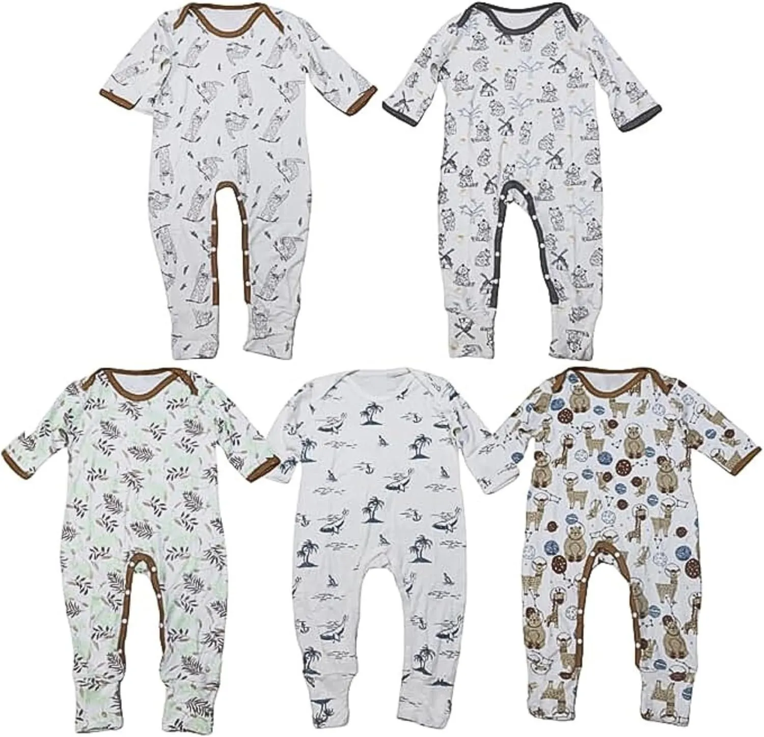 5-Pack Organic Cotton Baby Rompers Bodysuits, Foldover Hand & Foot Cuff, Stretchy Comfyortable Durable 4 Sizes, 3-18 Months