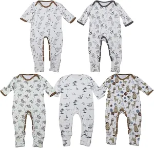 5-Pack Organic Cotton Baby Rompers Bodysuits, Foldover Hand & Foot Cuff, Stretchy Comfyortable Durable 4 Sizes, 3-18 Months