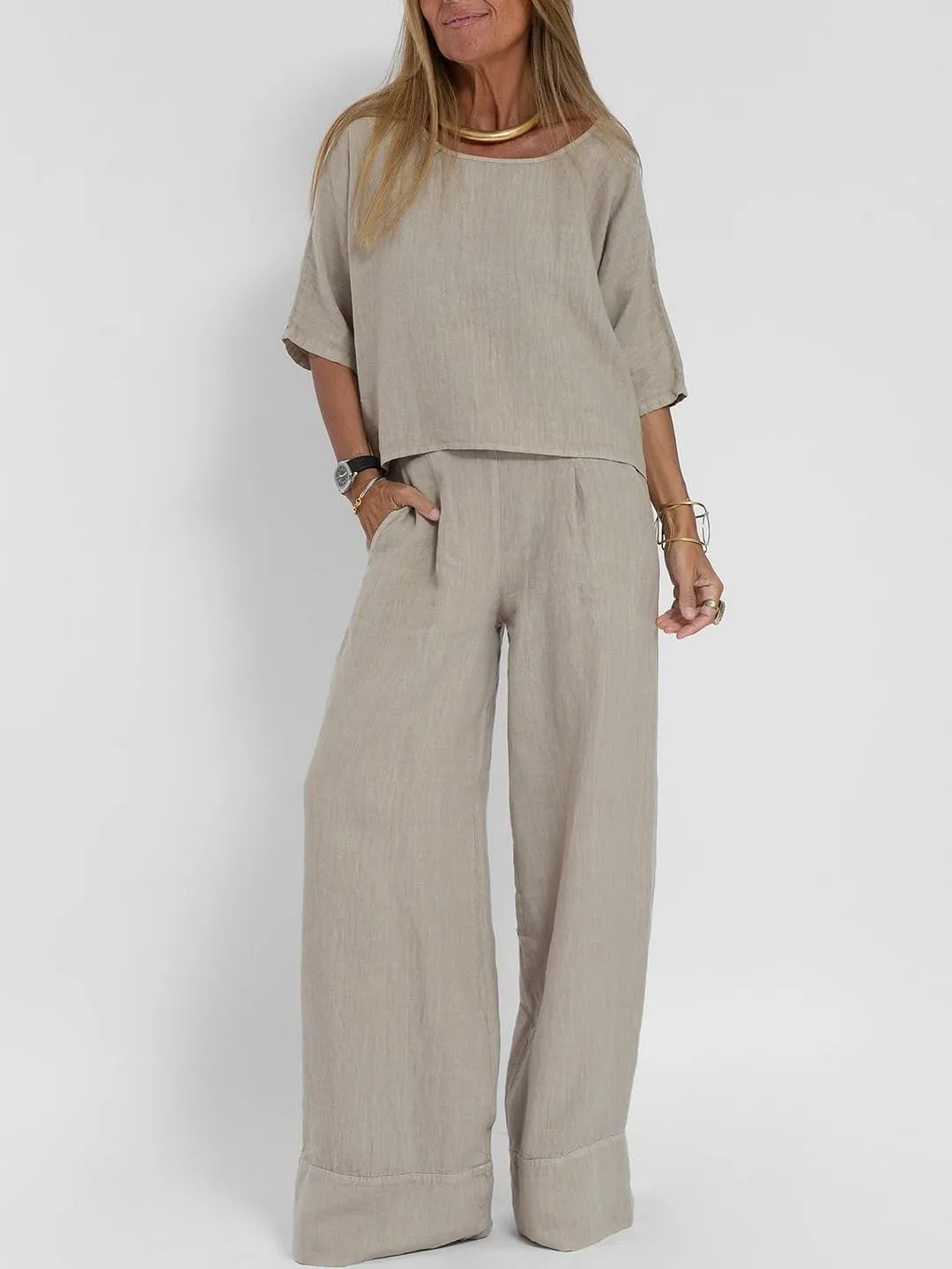 Akivide Women 2 Piece Outfits Casual Beach Linen Lounge Matching Two Piece Set Half Sleeve Top Wide Leg Pant Suit