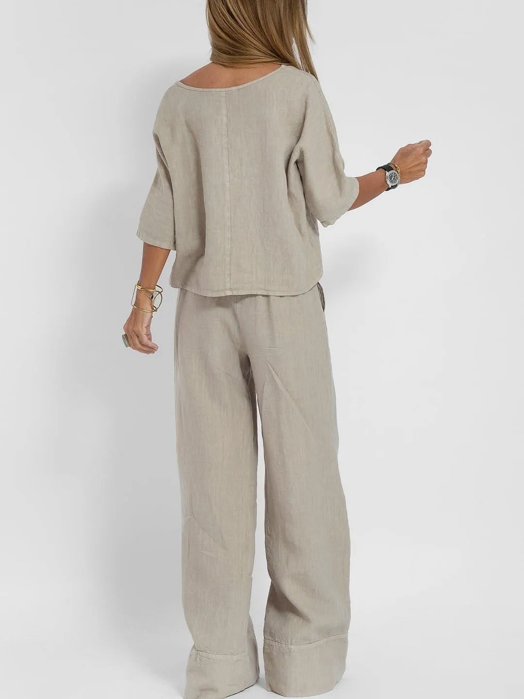Akivide Women 2 Piece Outfits Casual Beach Linen Lounge Matching Two Piece Set Half Sleeve Top Wide Leg Pant Suit