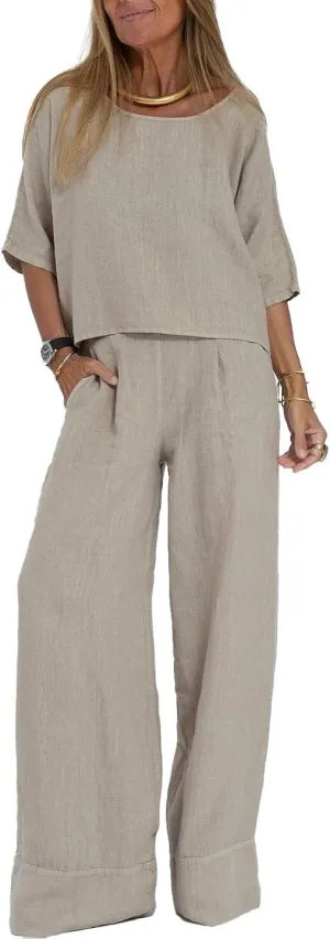 Akivide Women 2 Piece Outfits Casual Beach Linen Lounge Matching Two Piece Set Half Sleeve Top Wide Leg Pant Suit