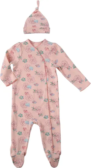 Asher and Olivia Baby Girl's 1-Pack Long-Sleeve Kimono Footed Pajamas: Side Snap Infant Footies with Hat