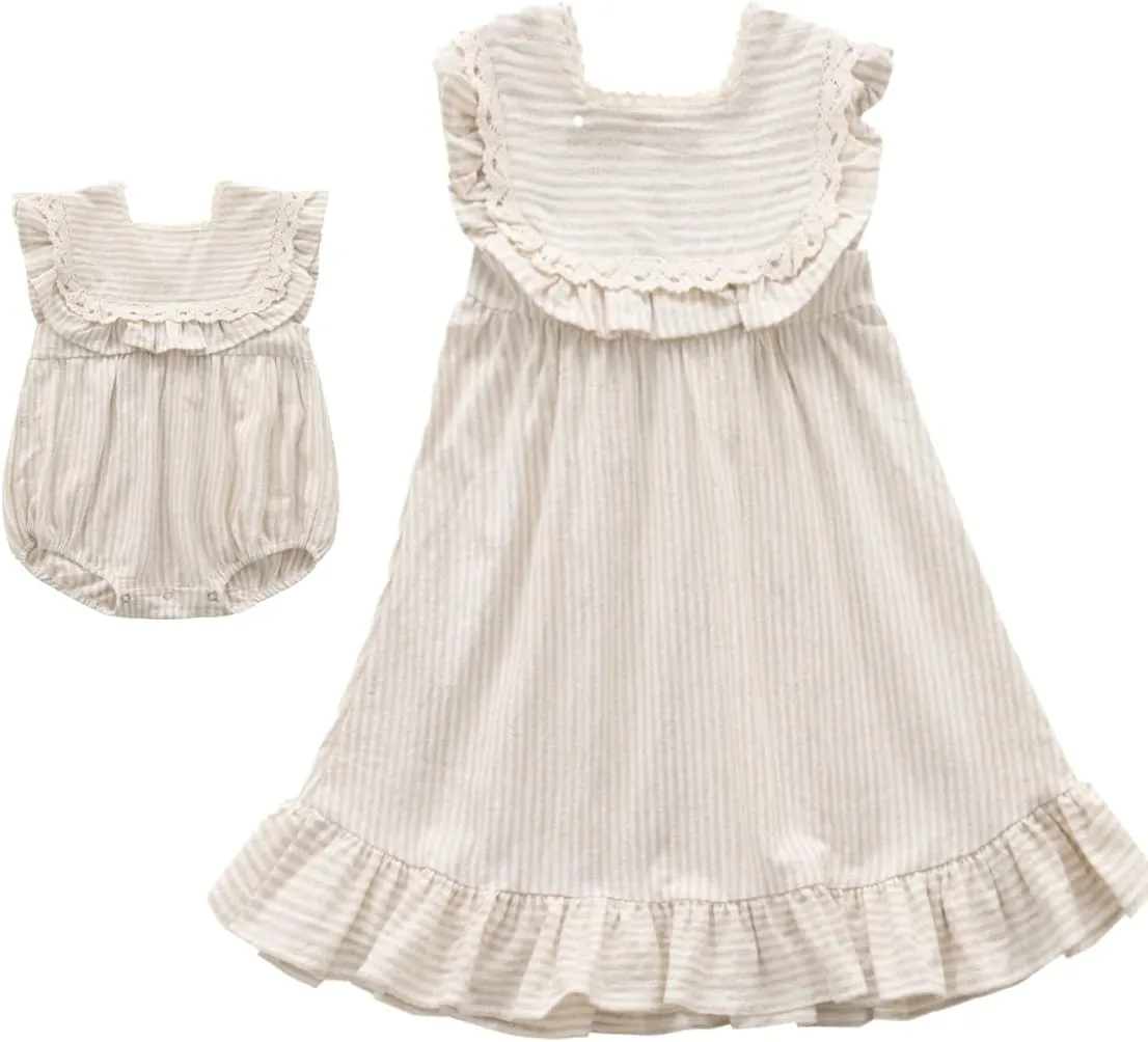 Ashmyova Toddler Girls Linen Summer Casual Dress Kids Vintage Ruffles Stripe Baby Rompers Dresses