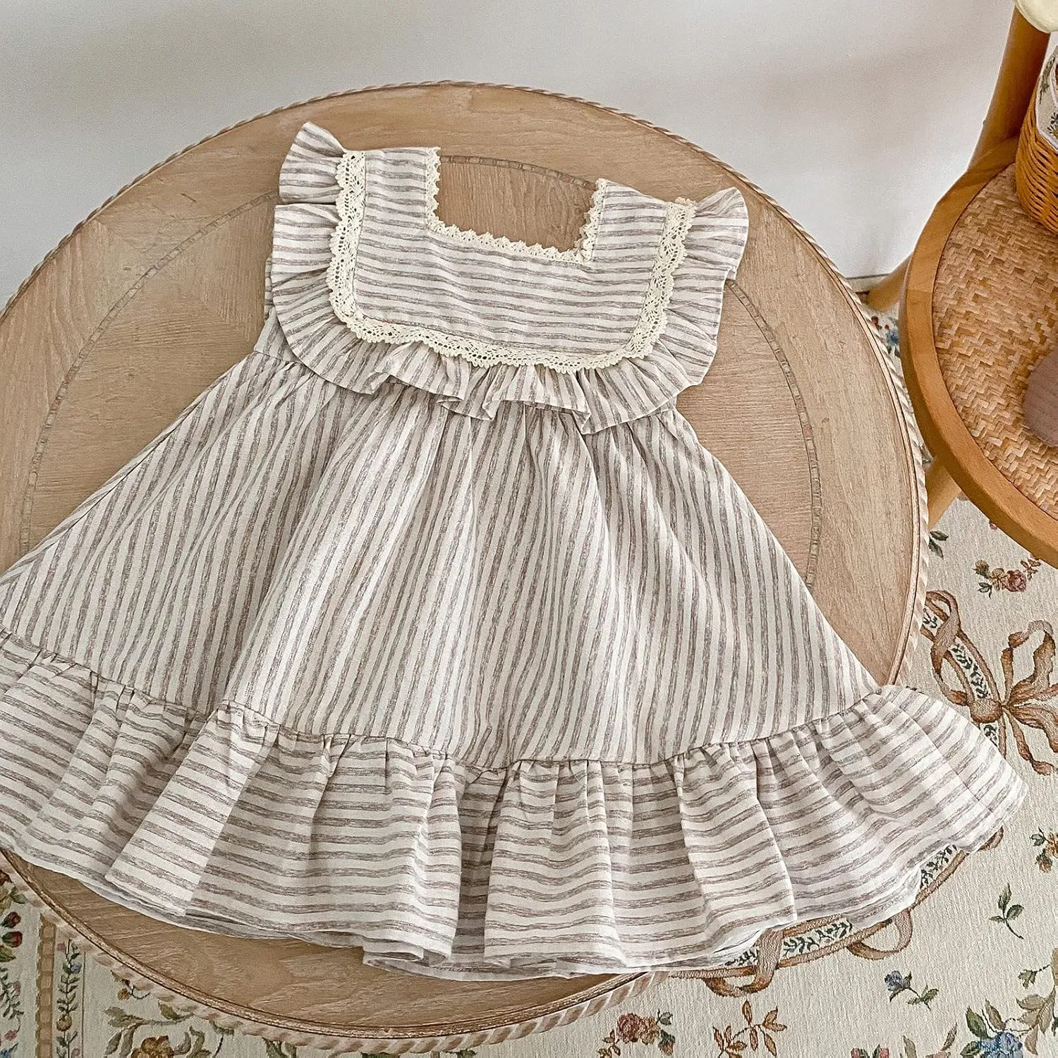 Ashmyova Toddler Girls Linen Summer Casual Dress Kids Vintage Ruffles Stripe Baby Rompers Dresses