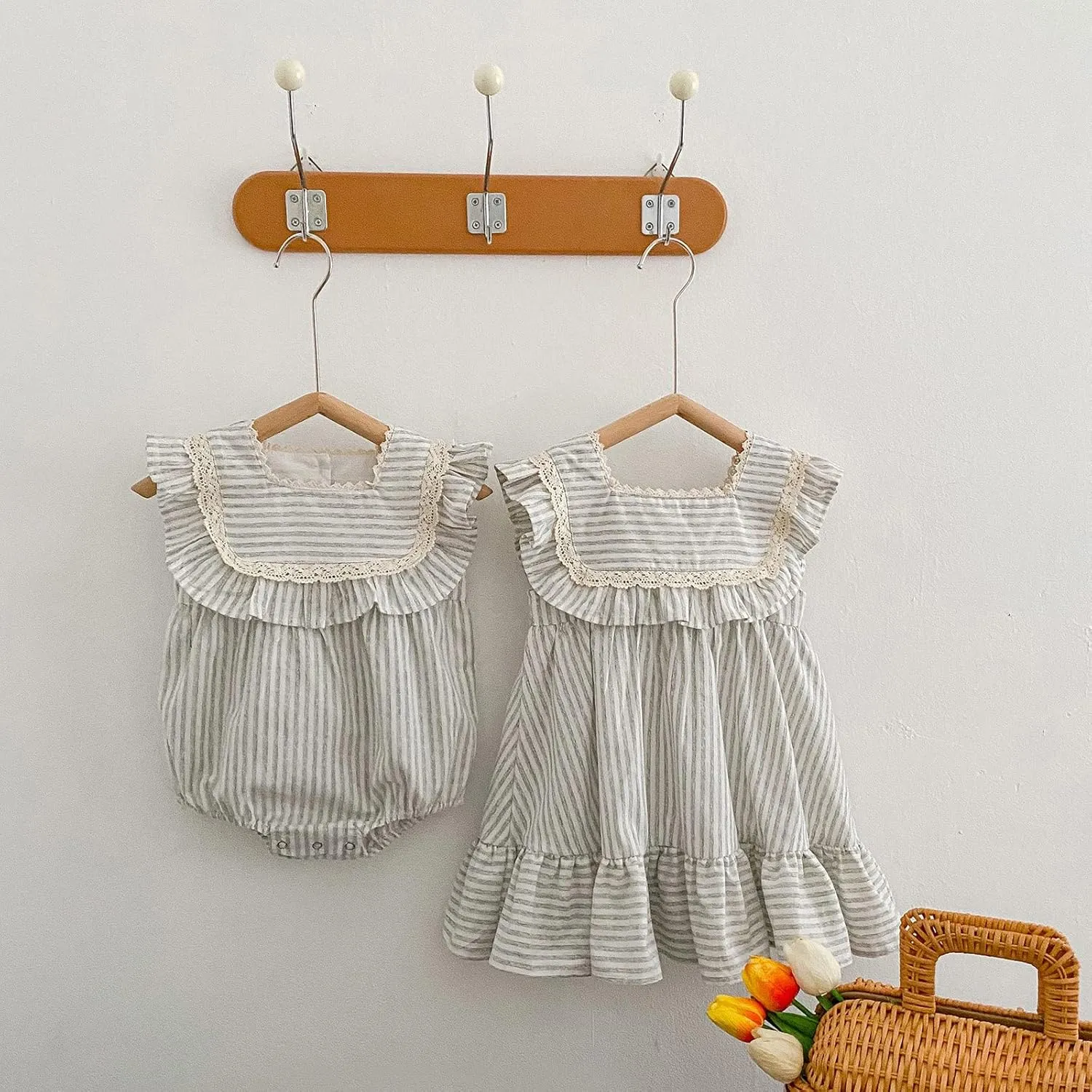 Ashmyova Toddler Girls Linen Summer Casual Dress Kids Vintage Ruffles Stripe Baby Rompers Dresses