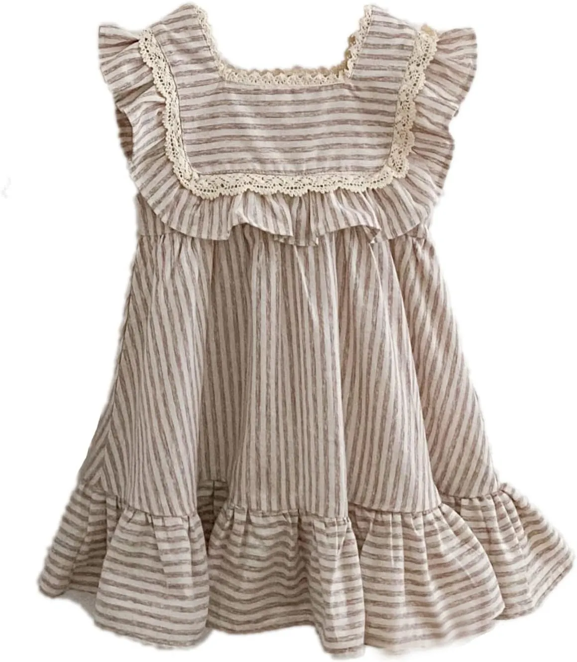 Ashmyova Toddler Girls Linen Summer Casual Dress Kids Vintage Ruffles Stripe Baby Rompers Dresses