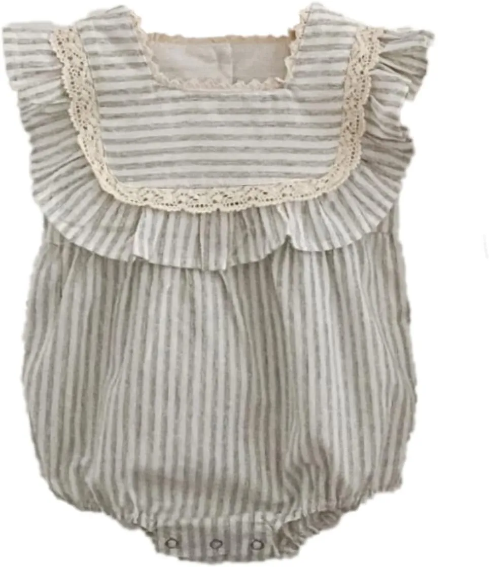 Ashmyova Toddler Girls Linen Summer Casual Dress Kids Vintage Ruffles Stripe Baby Rompers Dresses