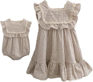 Ashmyova Toddler Girls Linen Summer Casual Dress Kids Vintage Ruffles Stripe Baby Rompers Dresses