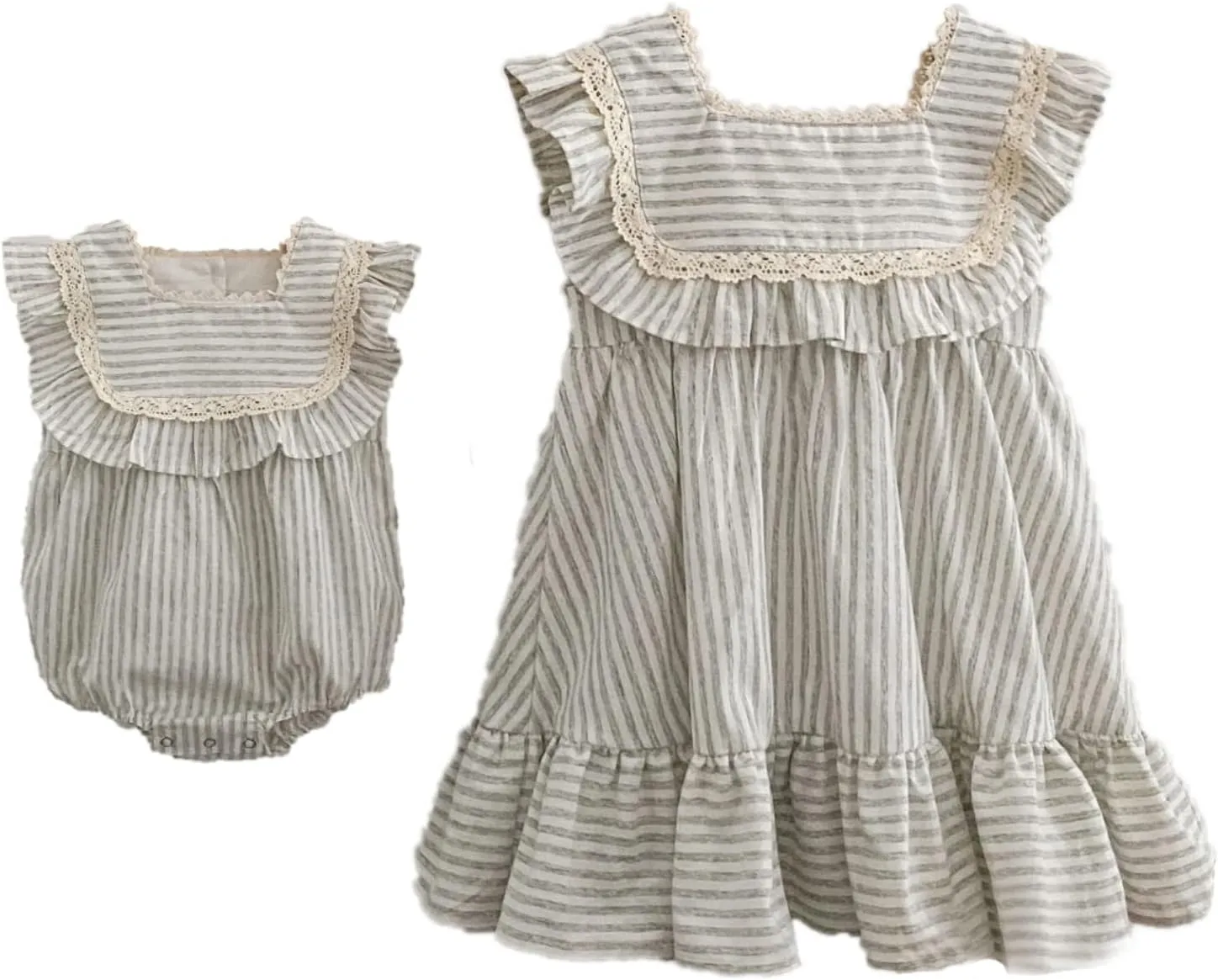 Ashmyova Toddler Girls Linen Summer Casual Dress Kids Vintage Ruffles Stripe Baby Rompers Dresses