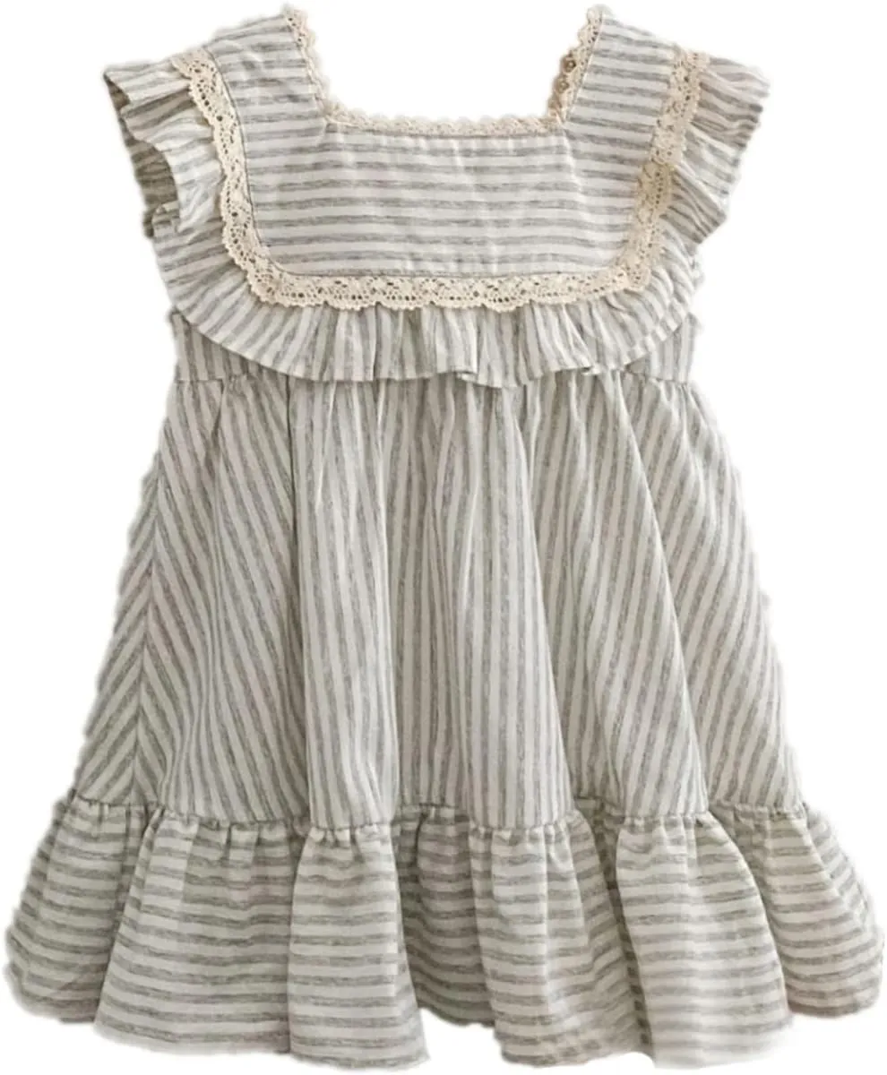Ashmyova Toddler Girls Linen Summer Casual Dress Kids Vintage Ruffles Stripe Baby Rompers Dresses