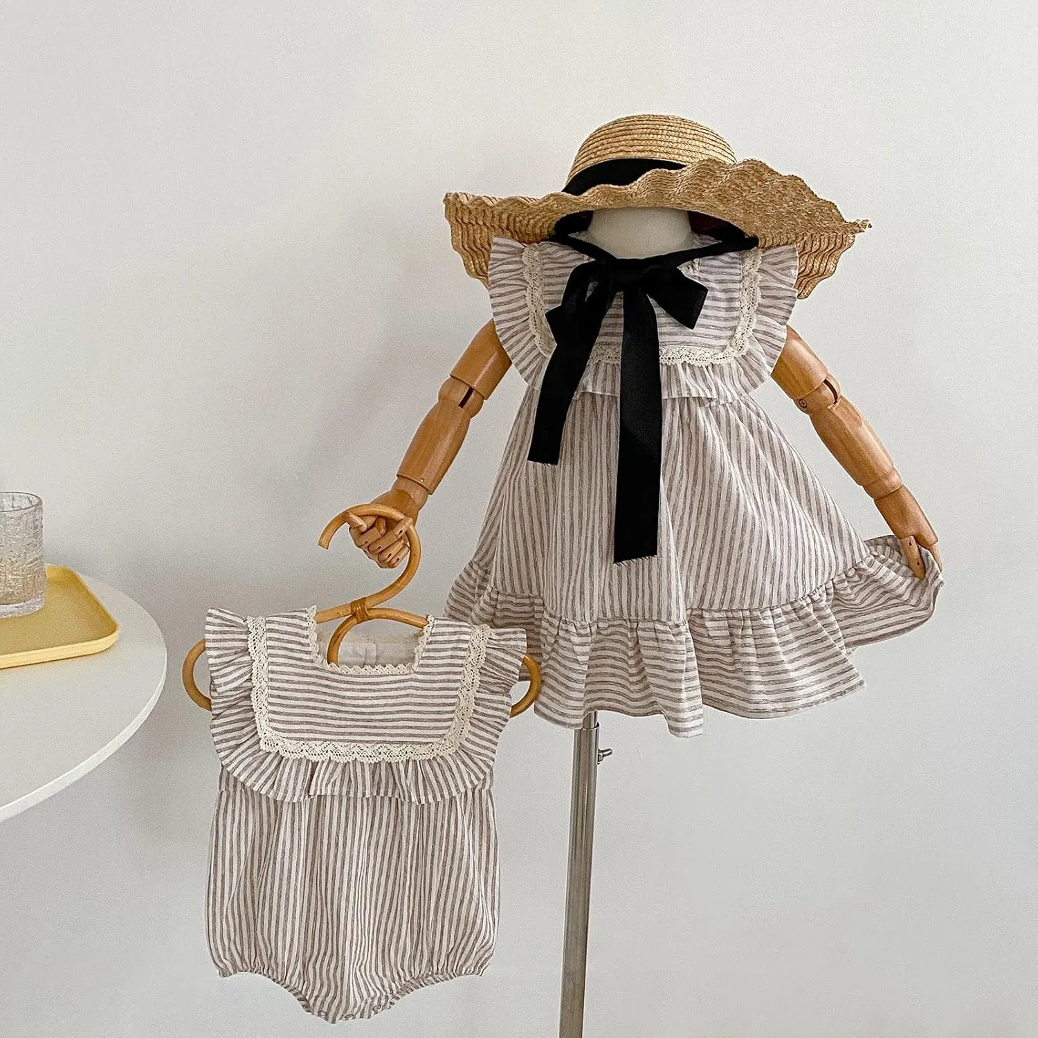 Ashmyova Toddler Girls Linen Summer Casual Dress Kids Vintage Ruffles Stripe Baby Rompers Dresses