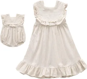Ashmyova Toddler Girls Linen Summer Casual Dress Kids Vintage Ruffles Stripe Baby Rompers Dresses