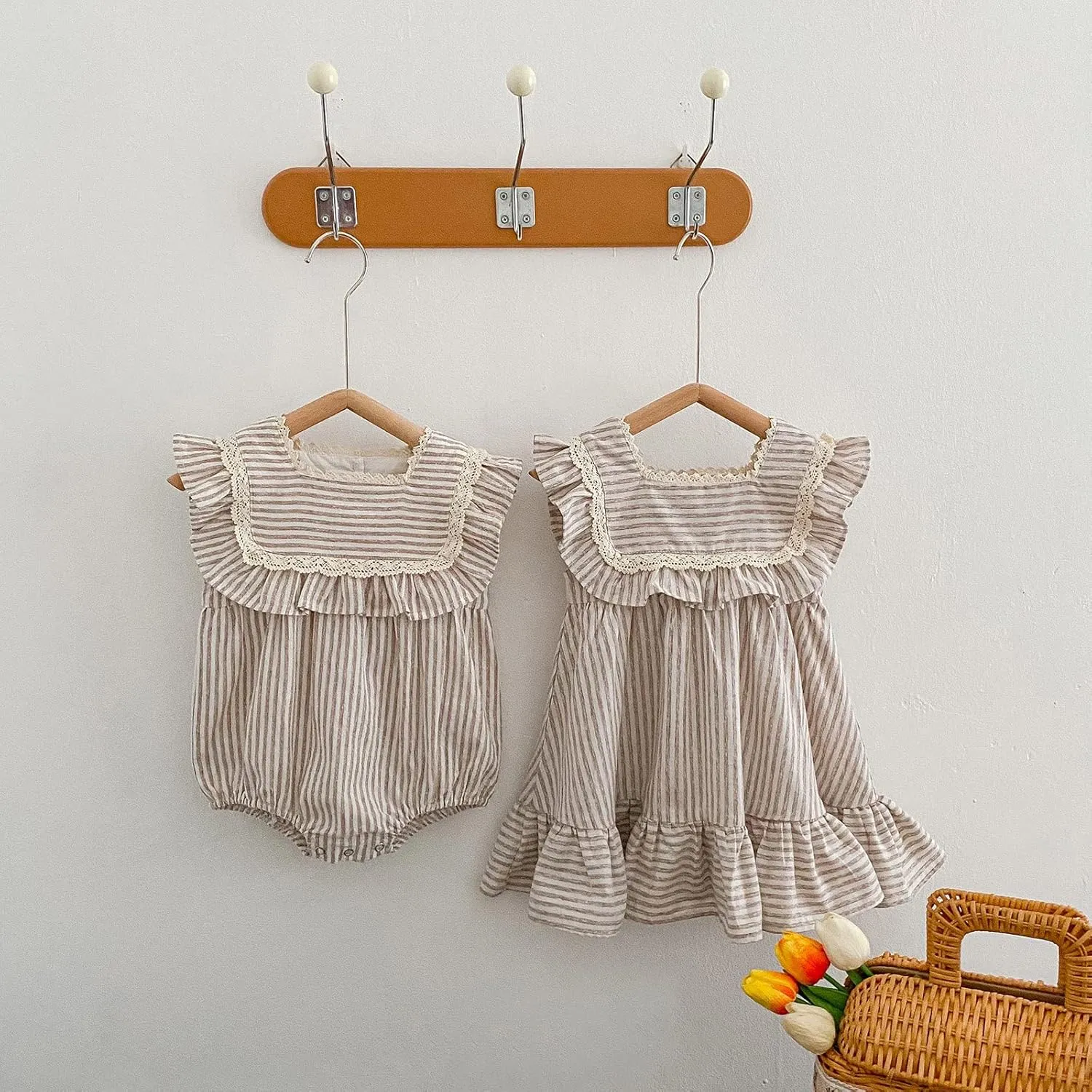 Ashmyova Toddler Girls Linen Summer Casual Dress Kids Vintage Ruffles Stripe Baby Rompers Dresses