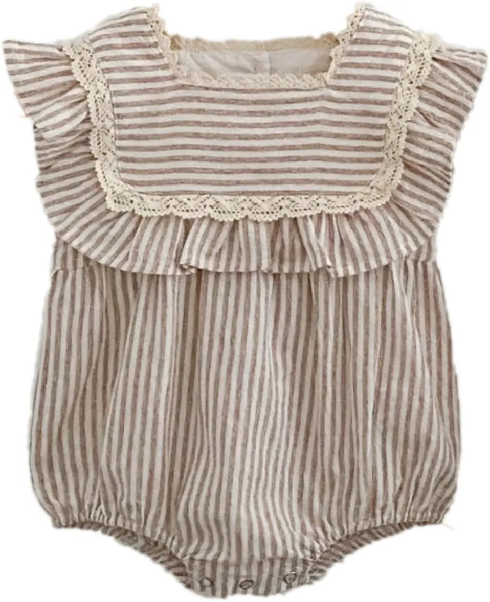 Ashmyova Toddler Girls Linen Summer Casual Dress Kids Vintage Ruffles Stripe Baby Rompers Dresses