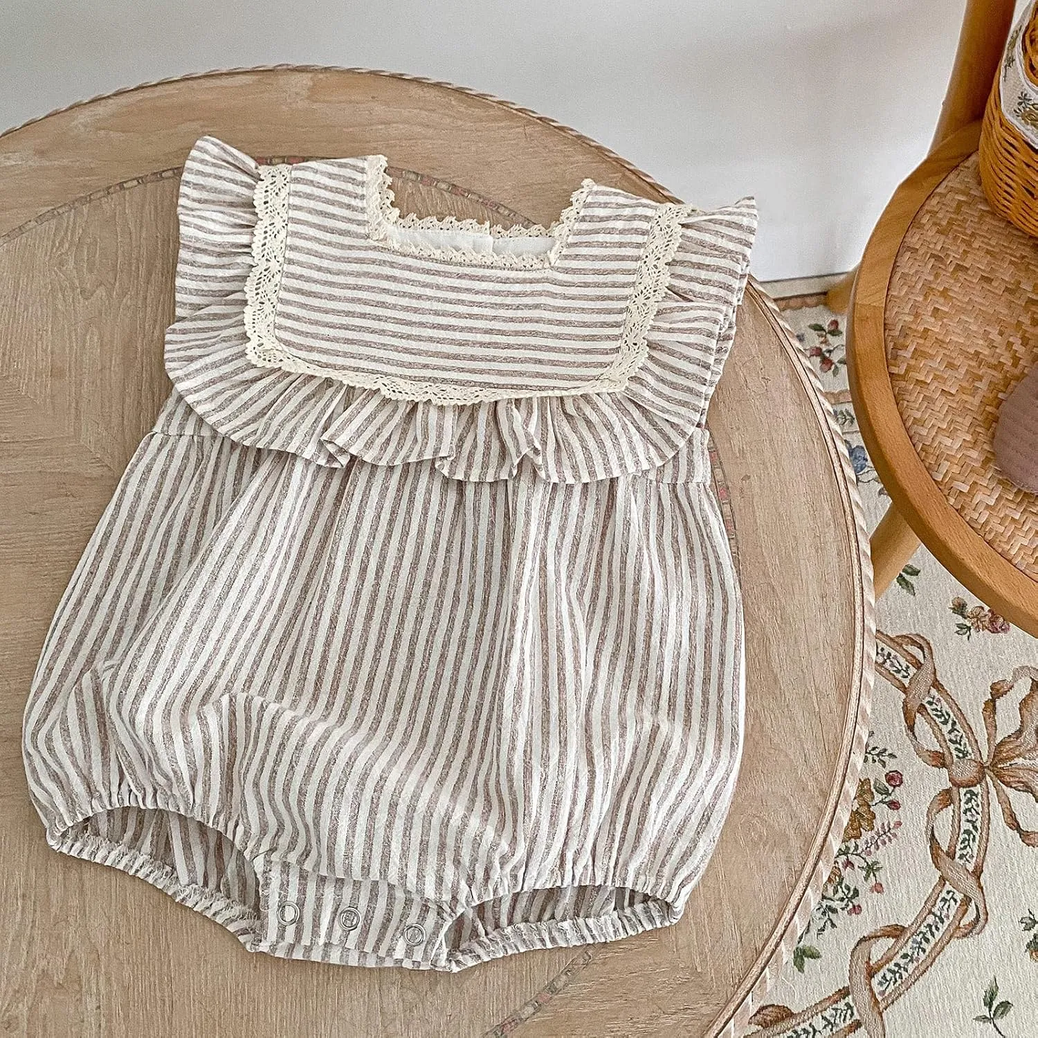Ashmyova Toddler Girls Linen Summer Casual Dress Kids Vintage Ruffles Stripe Baby Rompers Dresses
