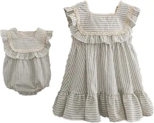 Ashmyova Toddler Girls Linen Summer Casual Dress Kids Vintage Ruffles Stripe Baby Rompers Dresses