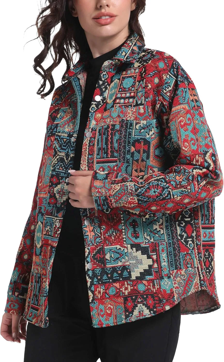 Aztec Shacket Fall Jacket Brocade Jacquard Ethnic Plaid Print Button Down Shirt for Men Women Casual Spring Coat