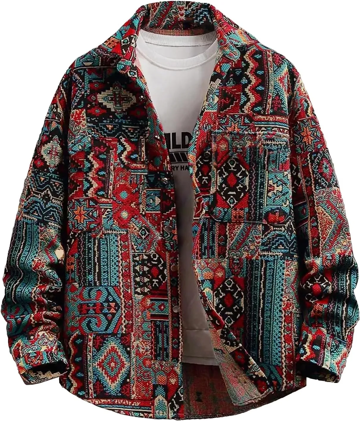 Aztec Shacket Fall Jacket Brocade Jacquard Ethnic Plaid Print Button Down Shirt for Men Women Casual Spring Coat