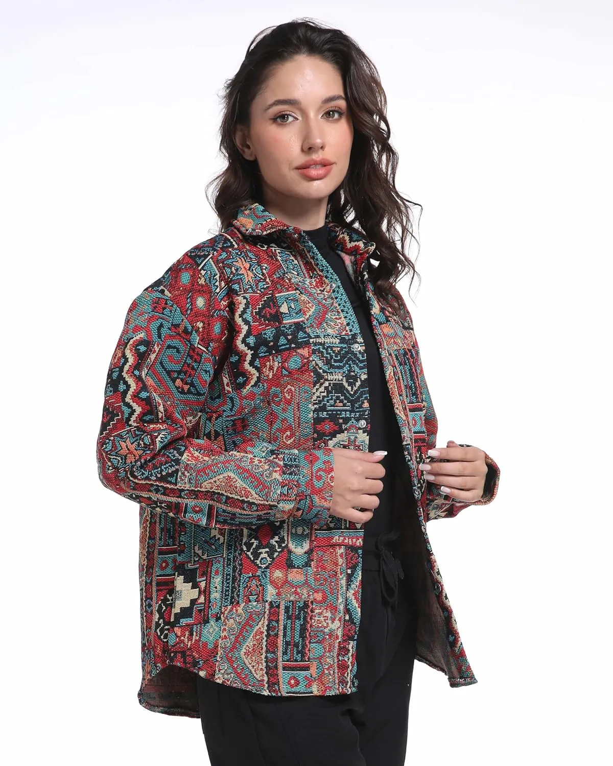 Aztec Shacket Fall Jacket Brocade Jacquard Ethnic Plaid Print Button Down Shirt for Men Women Casual Spring Coat