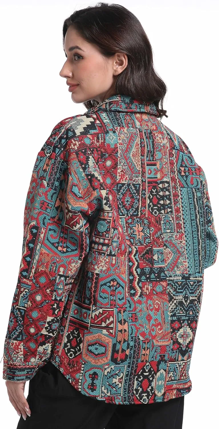 Aztec Shacket Fall Jacket Brocade Jacquard Ethnic Plaid Print Button Down Shirt for Men Women Casual Spring Coat