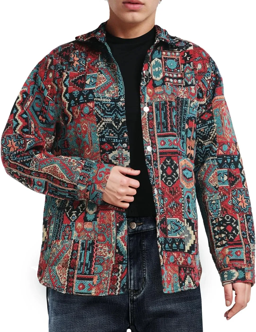 Aztec Shacket Fall Jacket Brocade Jacquard Ethnic Plaid Print Button Down Shirt for Men Women Casual Spring Coat