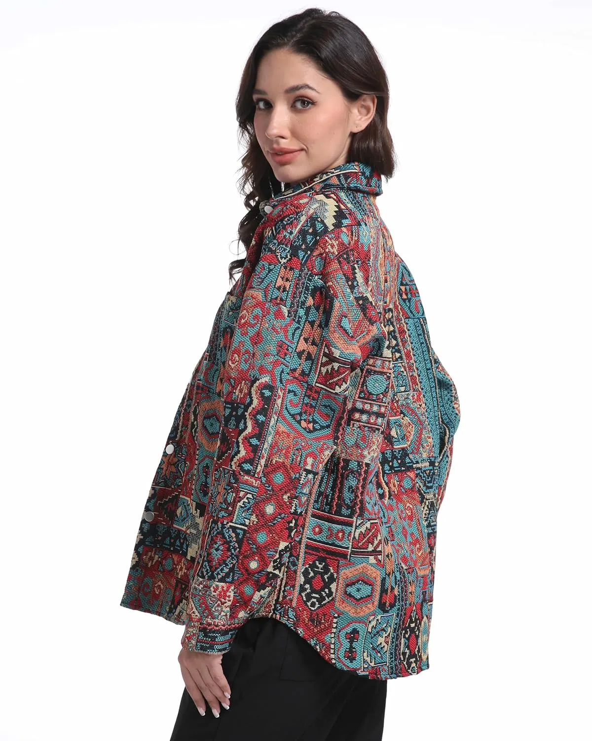 Aztec Shacket Fall Jacket Brocade Jacquard Ethnic Plaid Print Button Down Shirt for Men Women Casual Spring Coat