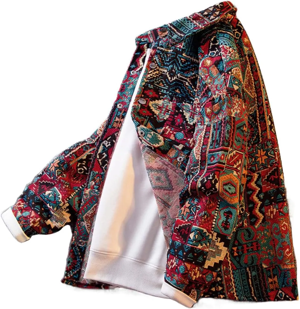 Aztec Shacket Fall Jacket Brocade Jacquard Ethnic Plaid Print Button Down Shirt for Men Women Casual Spring Coat