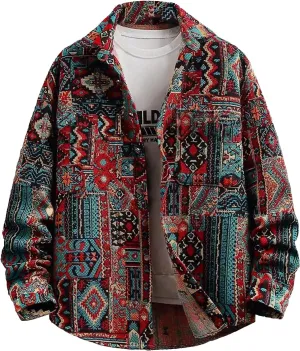 Aztec Shacket Fall Jacket Brocade Jacquard Ethnic Plaid Print Button Down Shirt for Men Women Casual Spring Coat