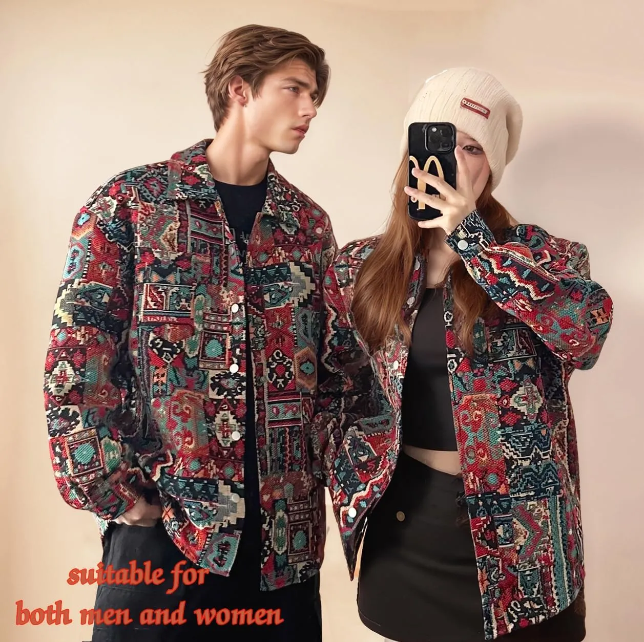 Aztec Shacket Fall Jacket Brocade Jacquard Ethnic Plaid Print Button Down Shirt for Men Women Casual Spring Coat