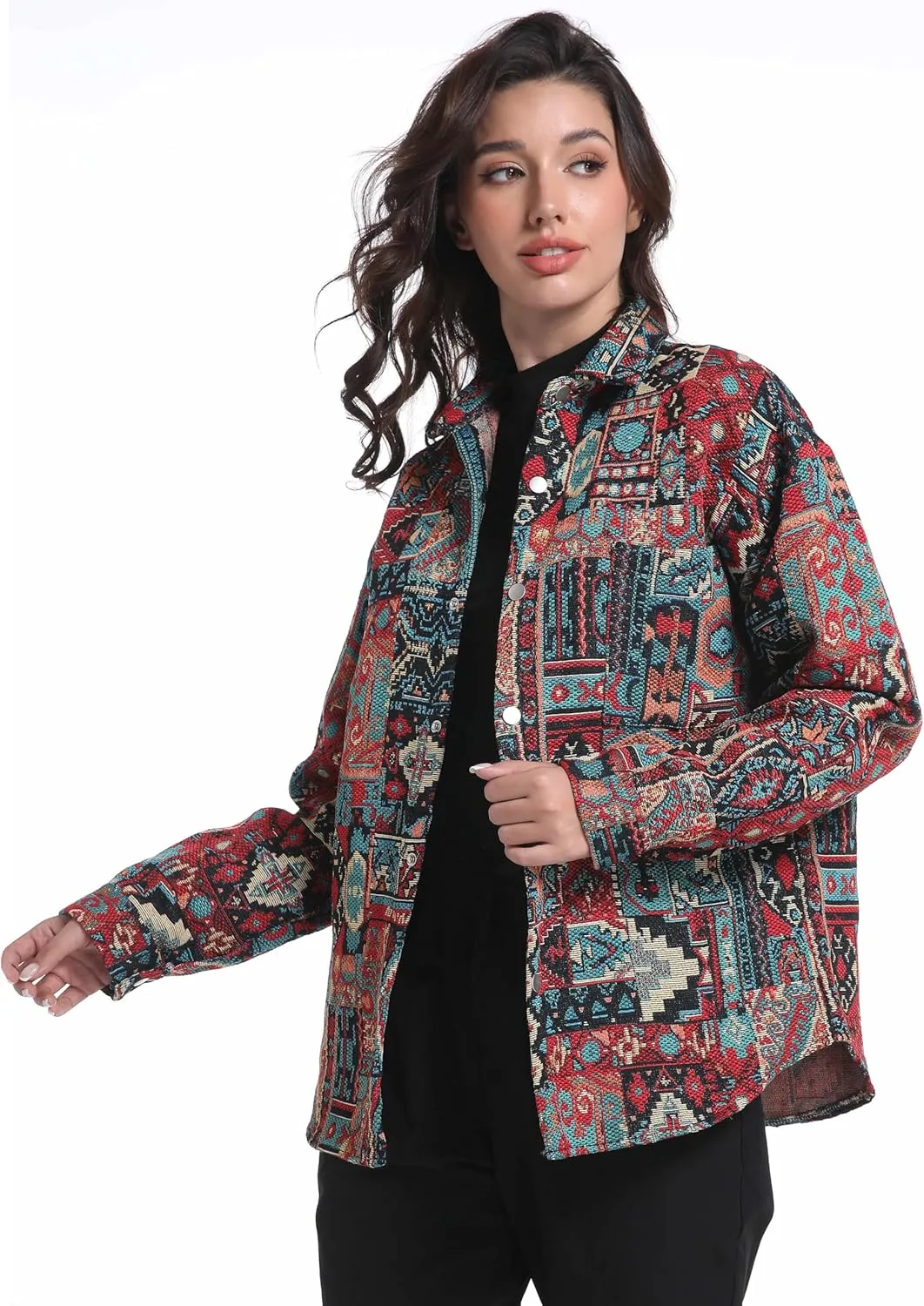 Aztec Shacket Fall Jacket Brocade Jacquard Ethnic Plaid Print Button Down Shirt for Men Women Casual Spring Coat