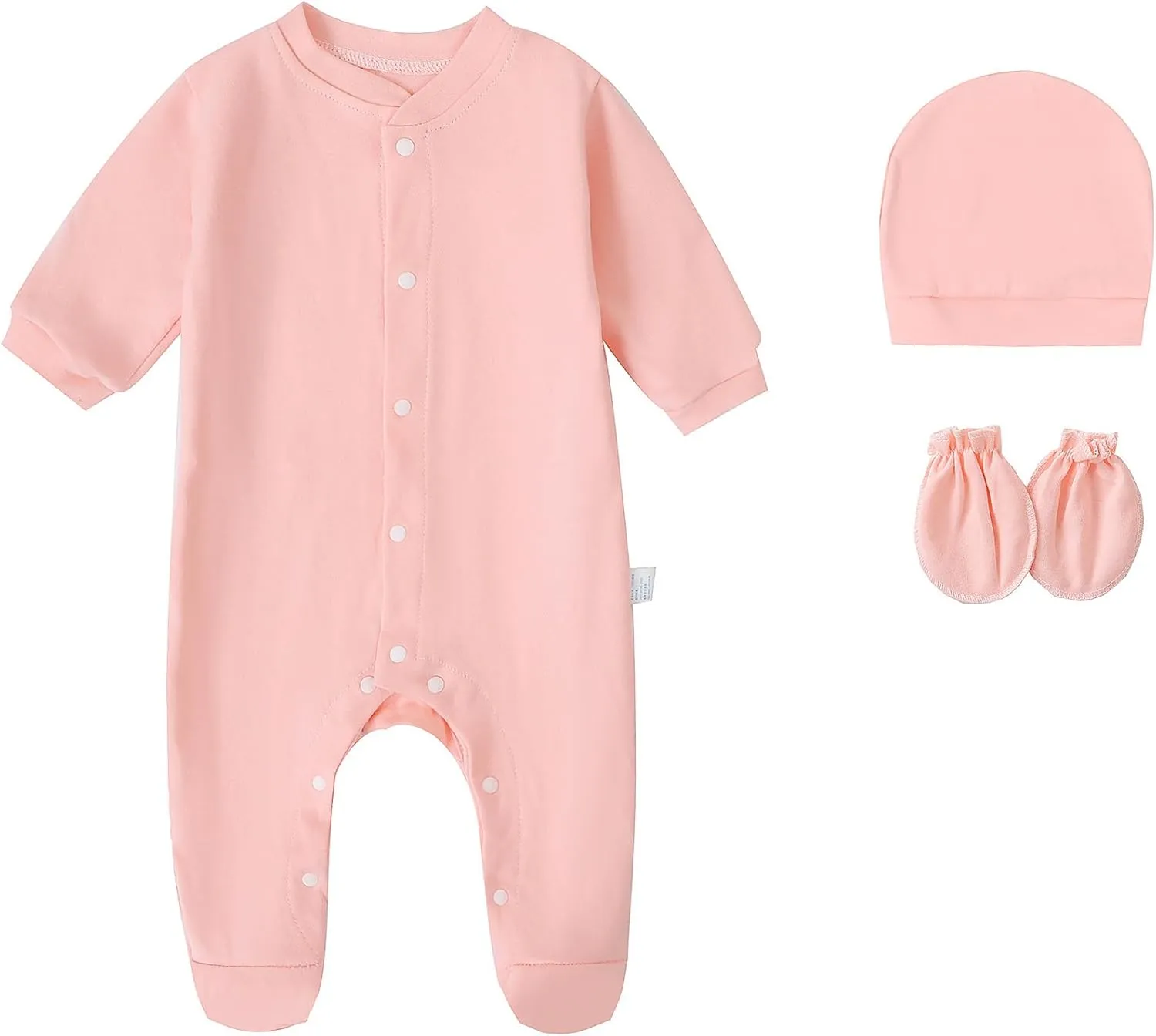 Baby Rompers 0~3 to 3-6 Months 100% Cotton Footies 3PCS Jumpsuit with Solid Hats Mittens Gloves