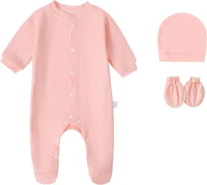 Baby Rompers 0~3 to 3-6 Months 100% Cotton Footies 3PCS Jumpsuit with Solid Hats Mittens Gloves