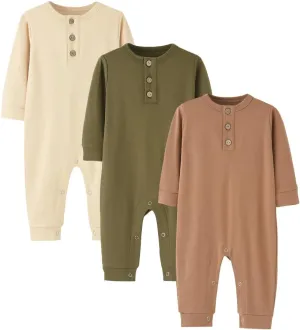 Bafeicao 3 Pack Unisex Newborn Baby Boy Girl Rompers Organic Cotton Long Sleeve Button Jumpsuit One-Piece Clothes Outfits