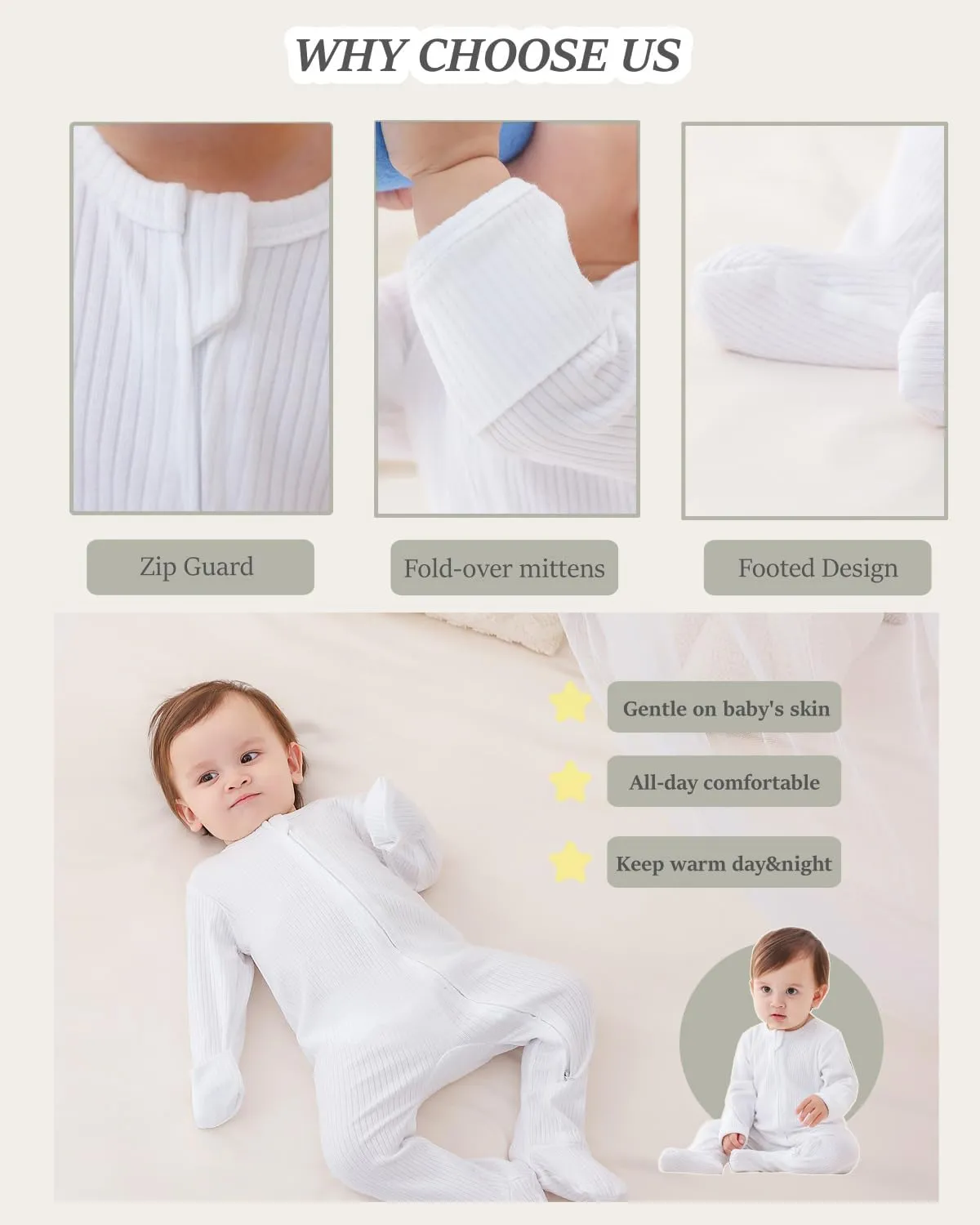 Bafeicao Newnorn Baby Footie Romper with Mitten Cuffs 2-Way Zipper Cotton Pajamas One-piece Jumpsuit Sleeper Infant Clothes