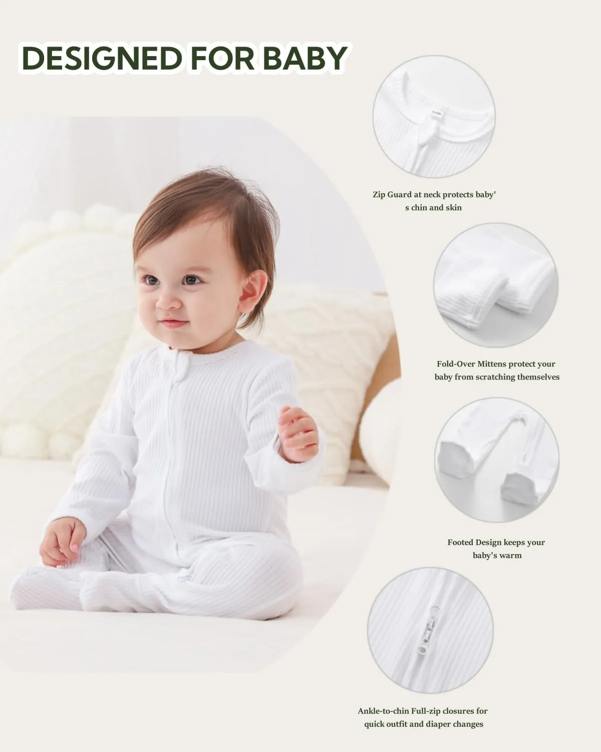 Bafeicao Newnorn Baby Footie Romper with Mitten Cuffs 2-Way Zipper Cotton Pajamas One-piece Jumpsuit Sleeper Infant Clothes