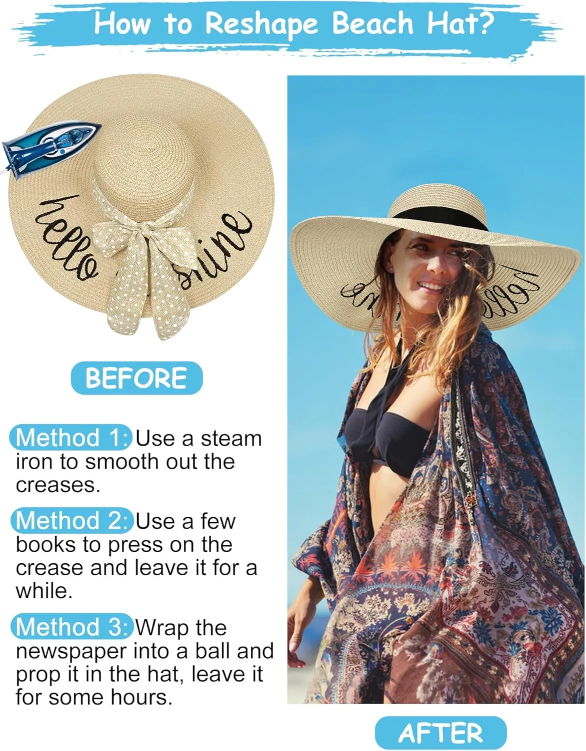 Beach Hats for Women, Floppy Straw Sun Hat Embroidered Wide Brim Foldable for Summer Honeymoon Vacation Travel Cruise UPF 50 