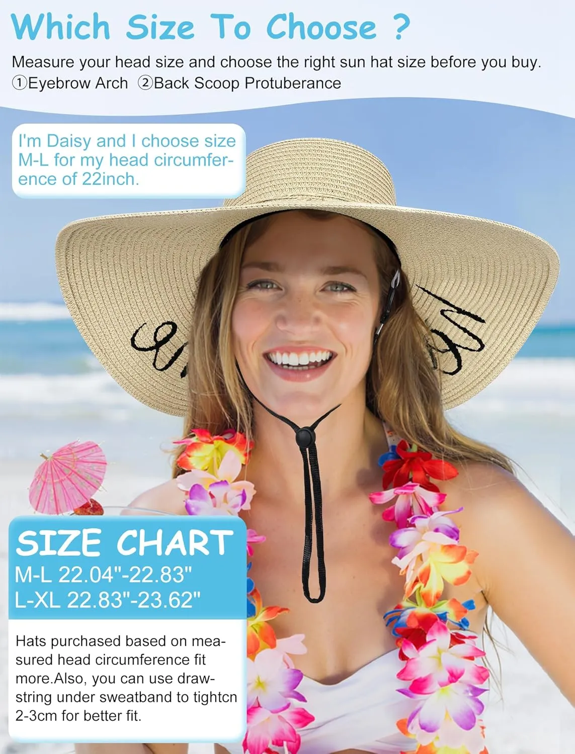 Beach Hats for Women, Floppy Straw Sun Hat Embroidered Wide Brim Foldable for Summer Honeymoon Vacation Travel Cruise UPF 50 