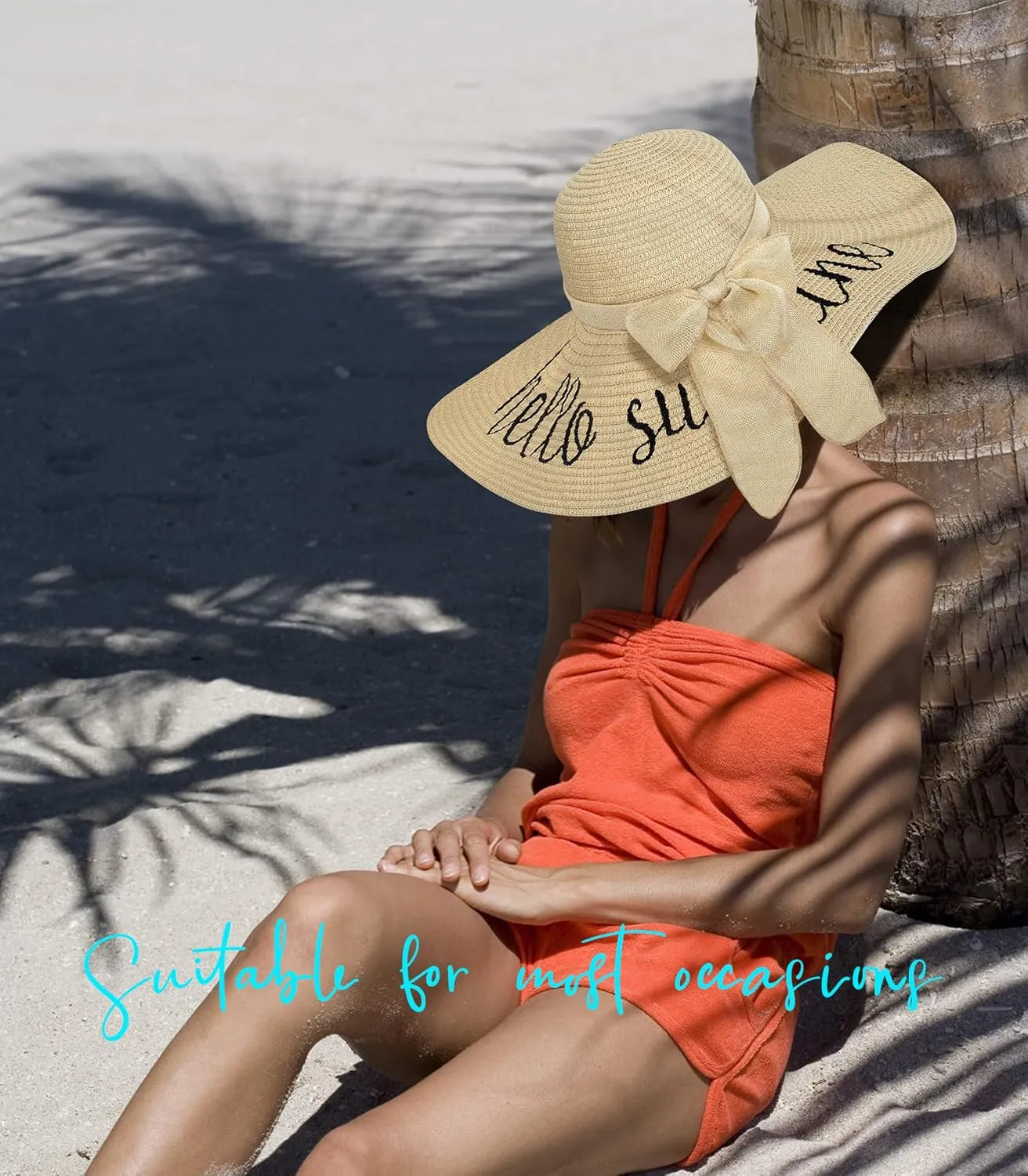 Beach Hats for Women, Floppy Straw Sun Hat Embroidered Wide Brim Foldable for Summer Honeymoon Vacation Travel Cruise UPF 50 