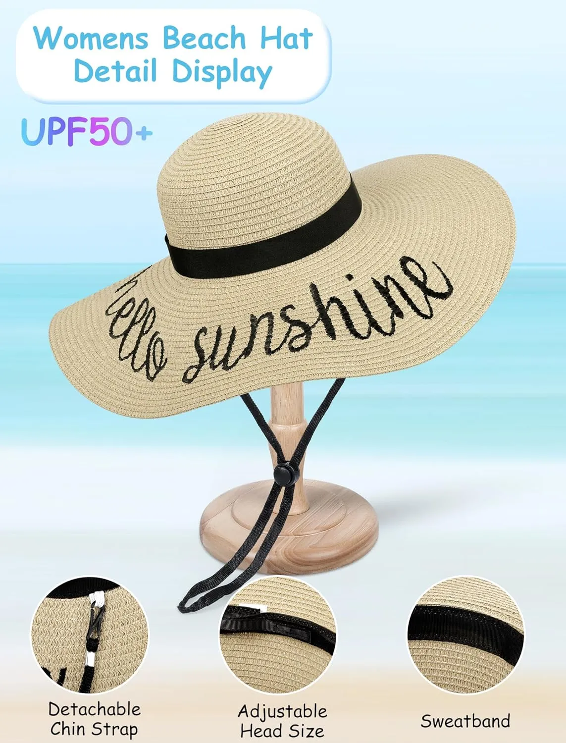 Beach Hats for Women, Floppy Straw Sun Hat Embroidered Wide Brim Foldable for Summer Honeymoon Vacation Travel Cruise UPF 50 