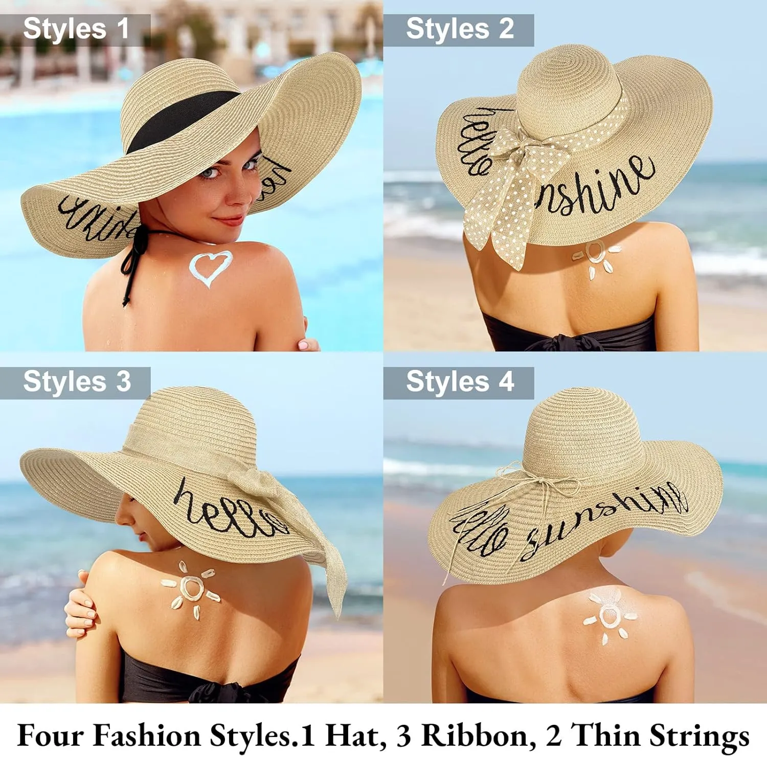 Beach Hats for Women, Floppy Straw Sun Hat Embroidered Wide Brim Foldable for Summer Honeymoon Vacation Travel Cruise UPF 50 
