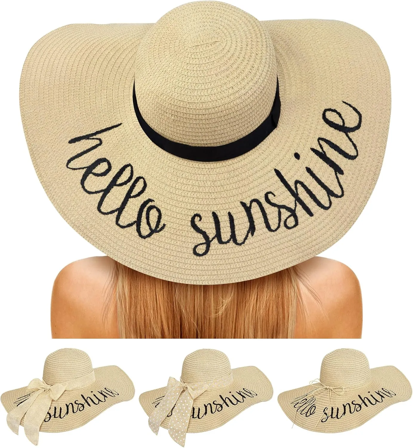 Beach Hats for Women, Floppy Straw Sun Hat Embroidered Wide Brim Foldable for Summer Honeymoon Vacation Travel Cruise UPF 50 