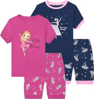 Benaive Girls Summer Pajamas 4 Pieces 100% Cotton Girls PJs Short Sets Kids Sleepwear Size 2T-12 Years