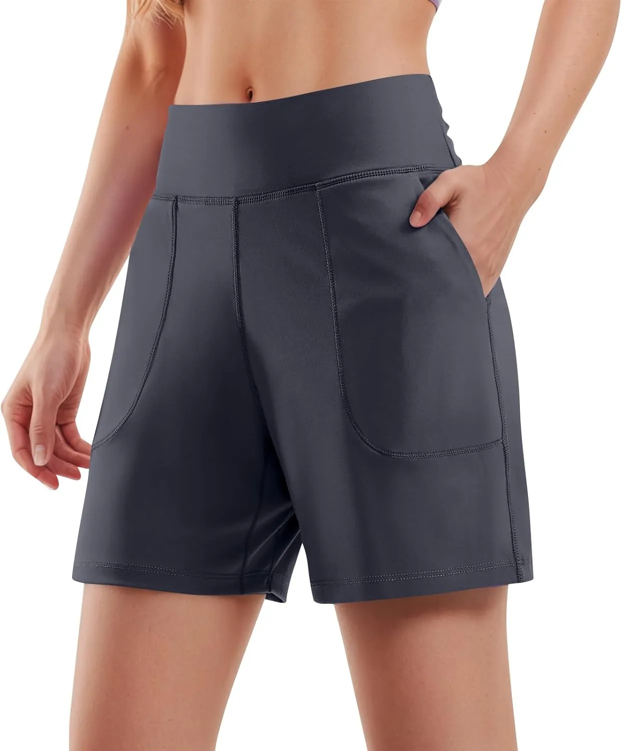 Bermuda Shorts for Women 6'' Wide Leg Athletic Long Shorts with Pockets Summer Knee Length Gym Workout Yoga Short