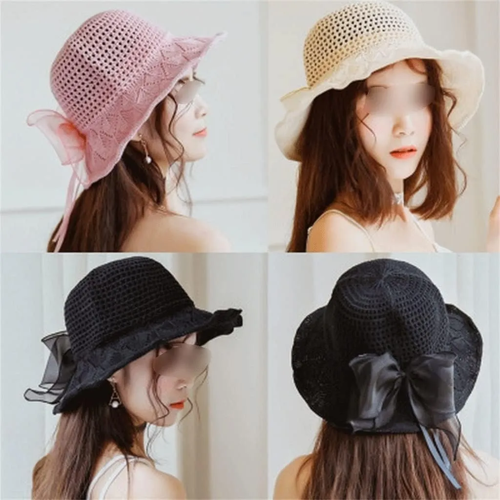 Bow Sun Hat Wide Brim Hats for Women Beach Bucket Hat Femme Shade Hat